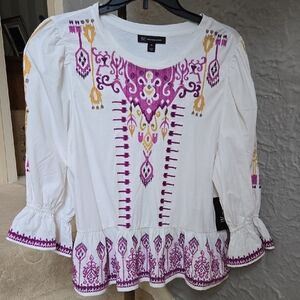 INC International Concepts White Blouse with Purple and Gold Embroidery